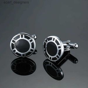 Manschettlänkar Luxury Silvery Black Emamel Round Cufflinks For Mens Women High Quality Classic Style Business Shirt Cuff Button Y240411