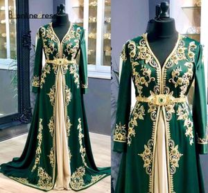 Luksusowe zielone marokańskie sukienki wieczorowe Caftan 2020 Koronki z długim rękawem Kryształowe sukienki z baldówkami Dubai Abaya Formalne suknie imprezowe 20206377625