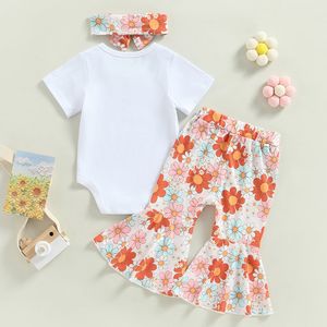 2022-12-17 Lioraitiin 0-3Years Toddler Baby Girls 3Pcs Outfit Sets White Short Sleeve Letter Print Romper Floral Flared Pants