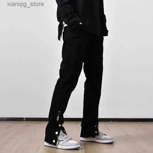 Men's Jeans Y2k Mens Jeans Black Color Hip Hop Techwear Men Pants Slim Fit Joggers Fashion Button Zipper Casual Streetwear Pants for Men L49