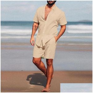 Herren Tracksuits Hawaiian Set Sommer Festkörperständer Kurzarm Shirt Strand Shorts Streetwear Hochwertig 2-teilig 2024 Drop othrc