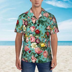 Men's Casual Shirts Rose Floral Print Shirt Vintage Flowers Novelty Hawaiian Male Short-Sleeved Vacation Street Style Oversize Blouses