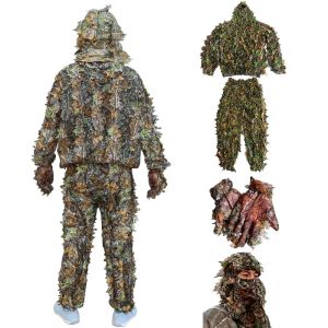 Pantolon 4 adet unisex 3D kamuflaj takım elbise açık ghillie takım elbise ceketi +pantolon +av headgear +av eldivenleri 4 adet