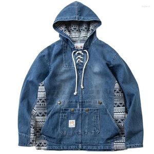 Men's Jackets Ethnic Style Pattern Patchwork Washed Denim Hooded Jacket Oversize Loose Hoodies Jeans Coat Male