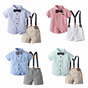 Gravata borboleta de roupas para crianças conjuntos de camisas shorts listrados cardigã meninos crianças pequenas camisetas de manga curta Tirp Strap ternos
