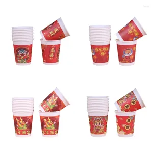 Copas descartáveis palhas 50 PCs 2024 Dragon Ano Dispositável papel Festival chinês decorativo para bebida de bebida fria