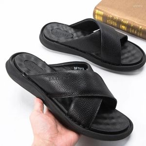 Slippers 2024 Summer Genuine Leather Men Slipper Sandals Ultra Lightweight Comfortable Simple Massage Slide Shoes Black Brown