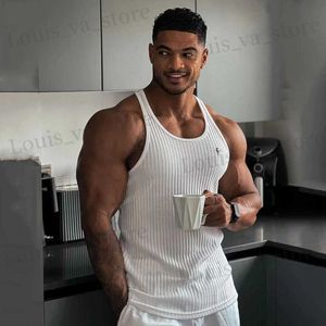 Men's T-Shirts Summer New Mens Vest Gym Sports Quick Dry Breathable Stretch Vertical Stripe Tank Top Slveless T-Shirt Training Suit T240411