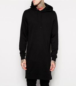 Män bomullsbeläget tröjor Svart Mens Longline Hoodies Fashion Tall Hoodie Hip Hop Side Zipper Streetwear Extra Long HipHop4515622