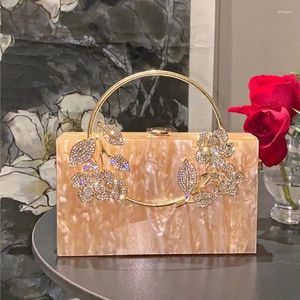 Drawstring Women Acrylic Evening Bag Copping Purse Box Diamond Flower Bags For Wedding Party Luxury Gold Green Purses Handväska