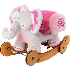 Labebe Plush Rocking Horse and Riding Elephant Toy Set for Children Ages 1-3 - Wooden Swinging Animal with Wheels, Filled Joystick Toys Included