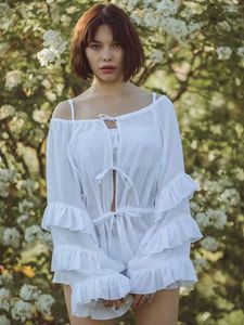 Kvinnors blusar gipsylady franska elegant chic skjorta blus sommarfjäder långa lanterna tiered hylsa kvinnor vita yrkesmässiga damer toppar