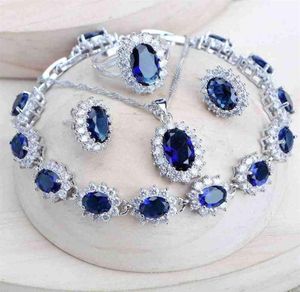 Silber 925 Frauen Braut Schmucksets Blau Zirkonia Kostüm Fein Schmuck Hochzeit Halskette Ohrringe Ringe Armbänder Anhänger Set 225145877