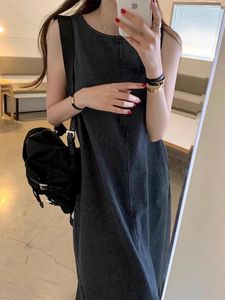 Casual Dresses GkyocQ Korean Chic Summer Retro Denim Dress Simple Style Round Neck Tie Back Loose A-line Undershirt