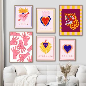 Occhi astratti a mano cuore leopardo rosa leopardo tigre fiore arte arte tela dipinto di decorazioni di poster nordico per soggiorno