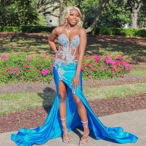 Sexy Blue High Slit Mermaid Prom Dresses Sweetheart con Crystal Vestidos Gala Novia Silver Diamonds Abiti da festa in rilievo