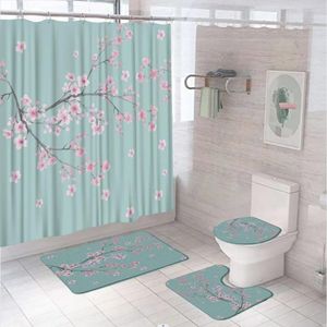 Shower Curtains 4PCS Pink Cherry Plum Blossom Curtain Sets Non-Slip Rug Toilet Lid Cover Floral Flower Bathroom Decor Bath Home