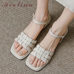 Dress Shoes Meotina Women Genuine Leather Ankle Strap Sandals Mid Heel Buckle Square Toe Thick Ladies Footwear Summer Apricot 39