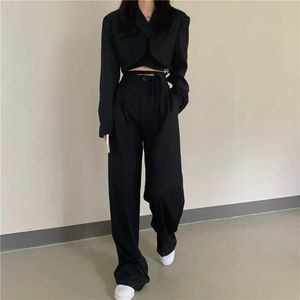 Chic Women's Crop Top Sexy Sexy Lace-Up Blazer Coat High Weist Long Pants Suits Office Female Streetwear Sportswear اثنين