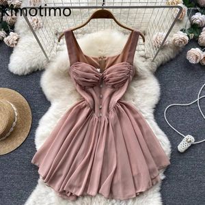 Casual Dresses Kimotimo French Mesh Spaghetti Strap Pleated Dress Women 2024 Summer Sweet Slim High Waist Ball Gwon Mini Party Vestidos