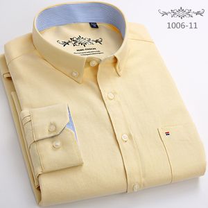 Men's Long Sleeve Oxford Solid Color Plaid Striped Casual Shirt Chest Pocket Regular-fit Button-down Collar Thick Work Shirts