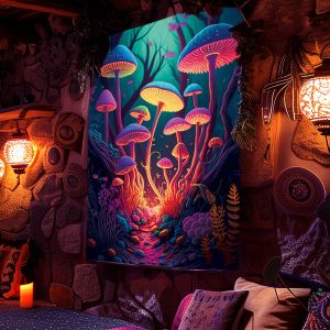 Black Light Tapestry UV Reactive Psychedelic Mushroom Tapestry Aesthetic Wall Hanging for Bedroom Dorm Indie Room Decor