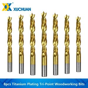 8pcs Titanyum Kaplama Üç Noktalı Ahşap Bitler 3/4/5/6/7/8/10mm HSS Metal Sondaj Ahşap Araçlar için Twist Matkap Bit