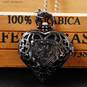 Pocket Watches Antique Love Heart Shape Hollow Case Design Necklace Quartz Pocket Pendant with Chain relojes de bolsillo Y240410