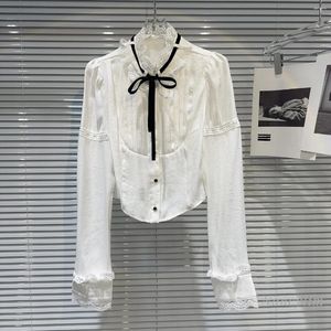 Kvinnors blusar 2024 Spring Classic Style Lace Edge Ribbon Tie Design Elegant Socialite Shirt White Blouse Office Lady Top Blusas