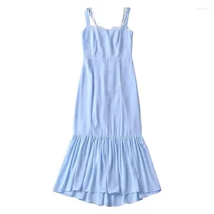 Casual Dresses YENKYE 2024 Women French Style Light Blue Sling Mermaid Dress Lace Trim Sleeveless Female Chiffon Summer Party Robe