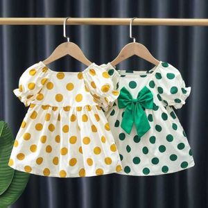 Девушка платья летняя новая детская одежда для девочек милый маленький в горошек лоскут, бау, корейский платье с короткими рукавами с короткими рукавами