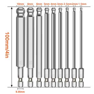 9st Ball End Allen Skruvmejselbitar 100 mm Längd Metrisk Hex Bit Set Magnet Tip Ball Head Hex Key Socket Driver Bit