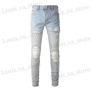 Mäns jeans män blek ljusblå cyklist jeans knäckt veckat lapptäcke stretch denim byxor strtwear hål rippade magra byxor t240411