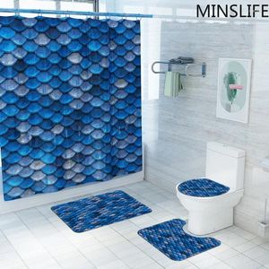 Duschvorhänge blauer Squama -Vorhang Set mit Teppich Bad Bad Badezimmer wasserdichte Nicht -Schlupf -Teppich
