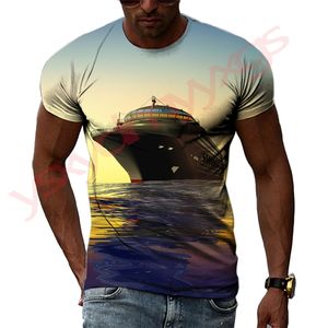 New Leisure Summer Jumbo Cruise Ship Scenery Pattern Men T-Shirts 3D Print Hip Hop Tees Personality Round Neck Short Sleeve Tops