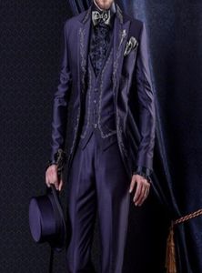 XLY 2019 Custom Made Purple Satin Wedding Mens Suits 3 Pieces New Fashion Tuxedos Mandarin Lapel Prom Latest Design Slim Blazer8391724