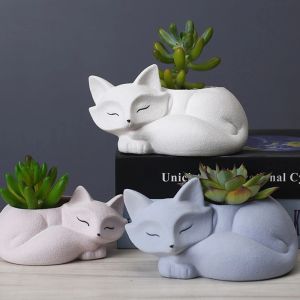 Vasos 3d animais pequenos raposa concreto silicone panela molde suculento florpot argila cimento gesso molde