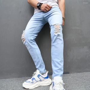 Mäns jeans män sträcker mager hål nödställda stilfulla byxor manliga rippade blyerts denim byxor