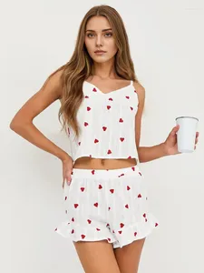 Hemkläder Hiloc Jacquard Heart Printing Pyjamas för kvinnor Två stycken Shorts Set Summer 2024 Vest Tops and Sleepwear Outfits Ladies