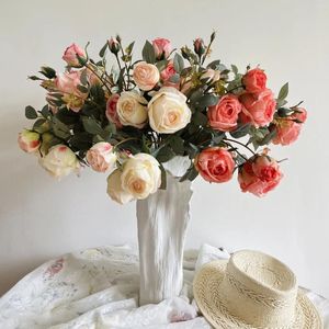 Decorative Flowers 4 Heads Artificial Wedding Decoration Silk Oil Painting Roses Fake Branches With Leaves El Garden