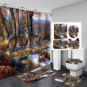 Av camo elk geyik ayı geyik duş perdesi set banyo set vahşi hayvanlar orman banyo perdesi paspaslar halı ormanlık kulübesi dekor