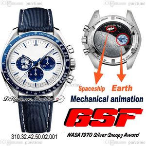 GSF Moonwatch A7750 Automatisk Chronograp Mens Watch Silver Snoop Award 50 -årsjubileum Vit Dial Blue Nylon Fabric Strap Real Me312p