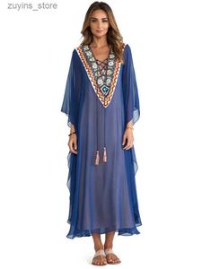 Basic Casual Dresses 2024 Blue Bohemian Embroidered Lace Up V-neck Bats Sleeve Loose Summer Beach Dress Plus Size Women Beachwear Kaftan Robe Q975 L49