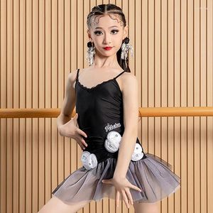 Scene Wear Kids Latin Dance Performance Clothes Summer Girls Flower Black Dress Suspnerder Topps Mesh Tutu Kjol Practice DNV20122