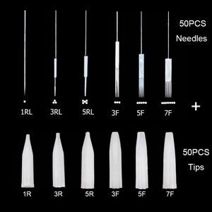 50Pcs Traditional Tattoo needle and 50Pcs Needle Tip for Microblading Permanent Makeup Eyebrow Eyeliner Lip Tattoo Machine Parts