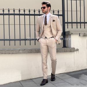 Ny grå elegant linne manliga kostymer 2023 Slim Fit Peak Lapel Classic 3 Pieces Suit Set Blazer Vest Pants Costume Homme Mariage