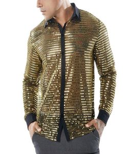 Men039s Casual Shirts Nightclub Sexy Sequins Men Shirt Hollow Out Punk Blouse Singer Stage Costume Man Fashion Gold Black Long 1822515