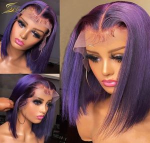 Colored Purple Human Hair Wigs For Black Women HD Transparent Lace Front Deep Part Short Bob Straight Glueless Pre Plucked6865101