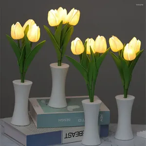 Flores decorativas Tulipas Tulipas Artificial LED Night Light Bouquet Bedroom Bounto Domeritório Decoração Lâmpada de Tabela Atmosfera