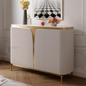 Dining Room Sideboard Large Storage Space Display Wave Pattern Carved Door Marble Countertop Luxury Kitchen Cabinet Furniture